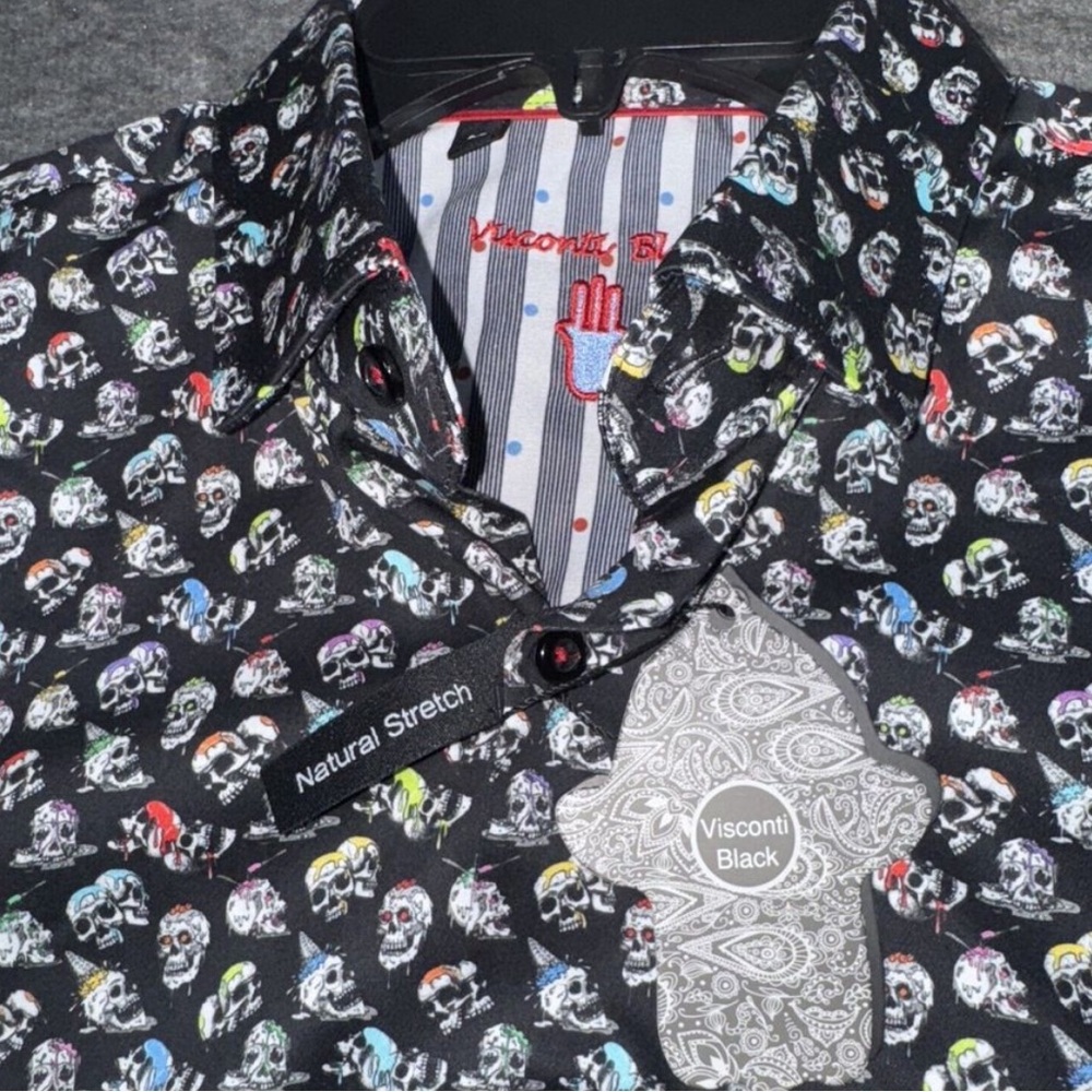 NWT Men’s Visconti Signature Long Sleeve Black Multicolor Skulls Shirt Size S